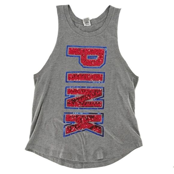 PINK Victoria's Secret Sequin Bling Grey Red and Blue Muscle Tank Size Medium - Picture 1 of 7